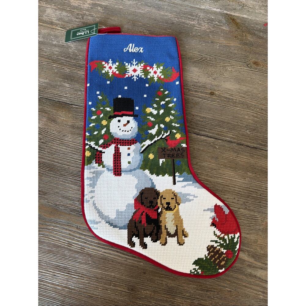 LL Bean Multi Needlepoint Snowman & Dogs Puppies Christmas Stocking ALEX NWT